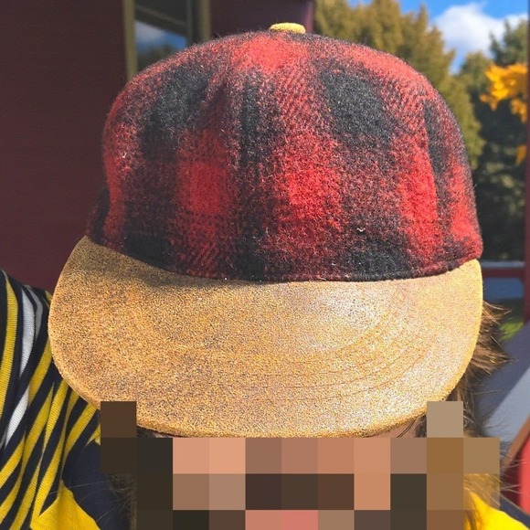 Other - VTG Wool Leather Brim Plaid Hat Strapback Cap Red Black Brown Adjustable Smaller